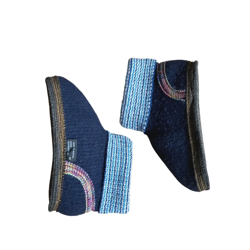 Made in Austria Navy Boiled Virgin Wool Ankle Slipper Booties EU 32 Multi Knit‎